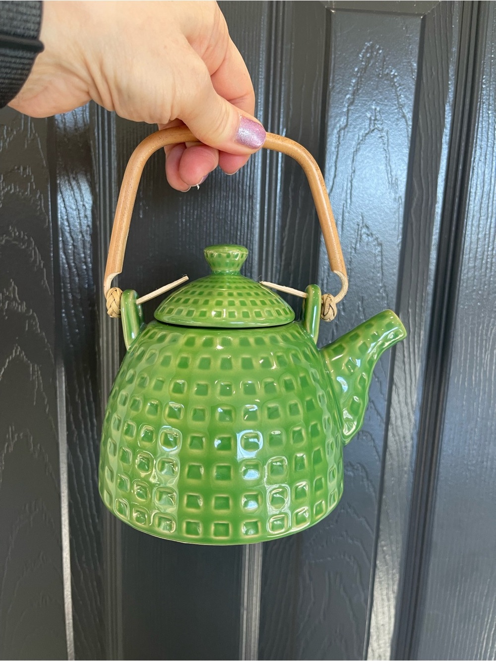 Pier 1 Green Ceramic Teapot with Wooden Tan Handle